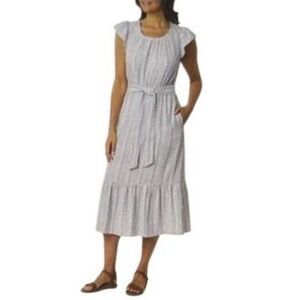 NWT BRIGGS Dress Women’s Size Large Blue White Striped Linen Blend Midi Belted